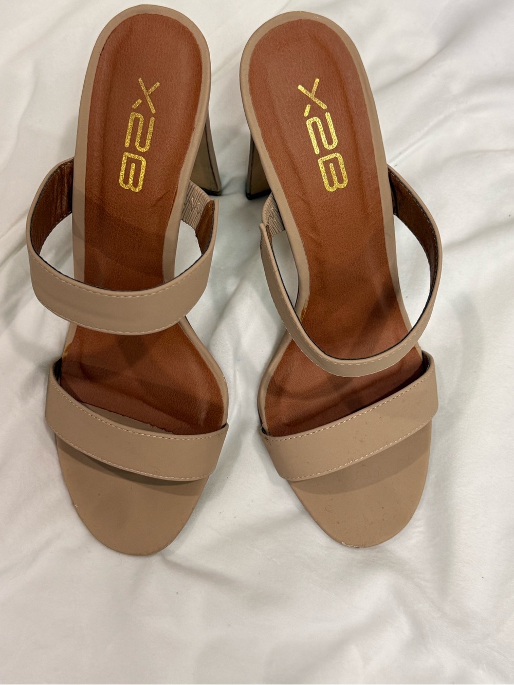 X2 Beige Double-Strap Block Heel Sandals
